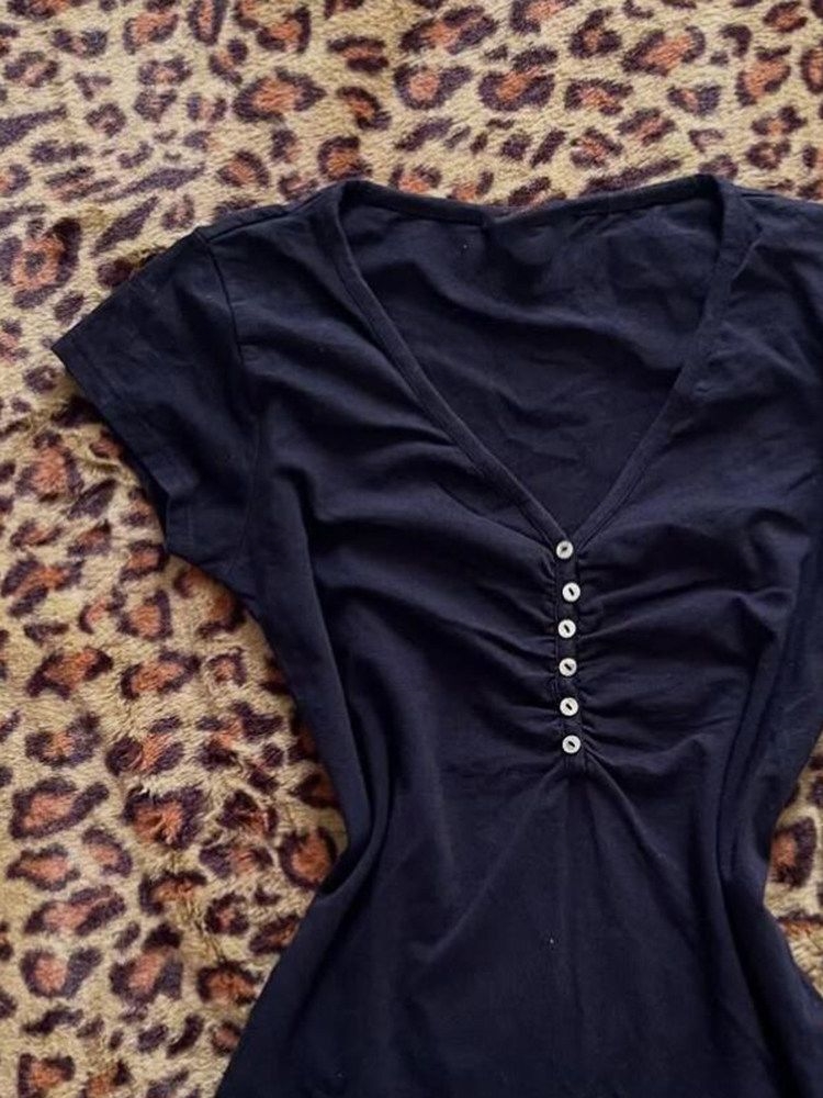 Kore Vintage Koyu Mavi T Shirt - Vintage Fashion Korea incelemesi ve fiyatı